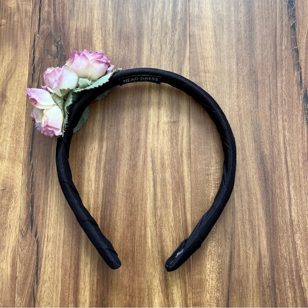 Child’s floral headband black with pink flowers vintage 90s cottagecore